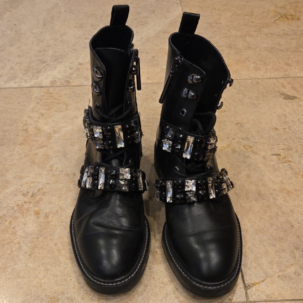 Zara Black Crystal-Embellished Combat Boots